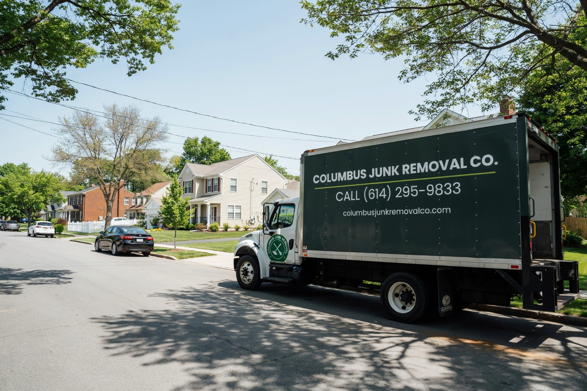 Columbus Junk Removal Co. truck parked in a residential neighborhood